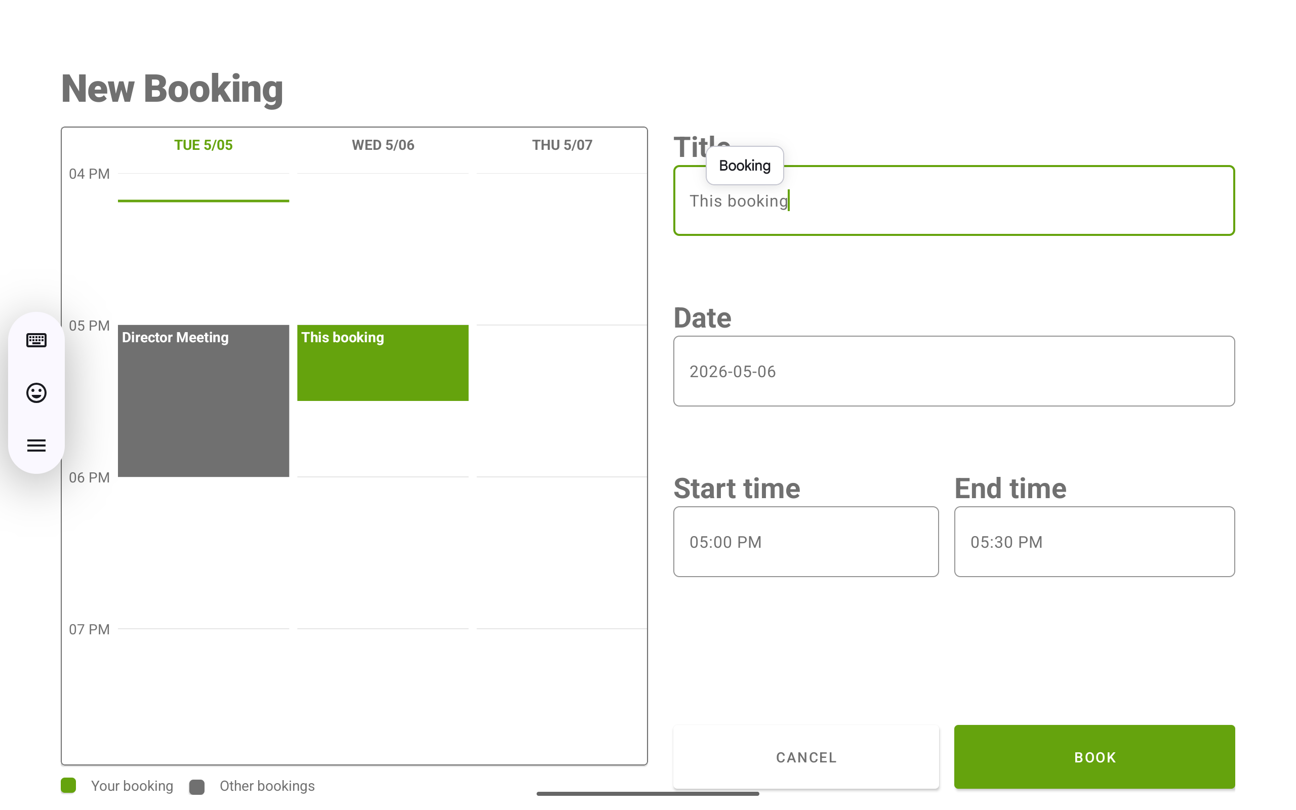 Book in Future screen with a multi-day calendar on the left and a booking form with title, date, start time, and end time on the right