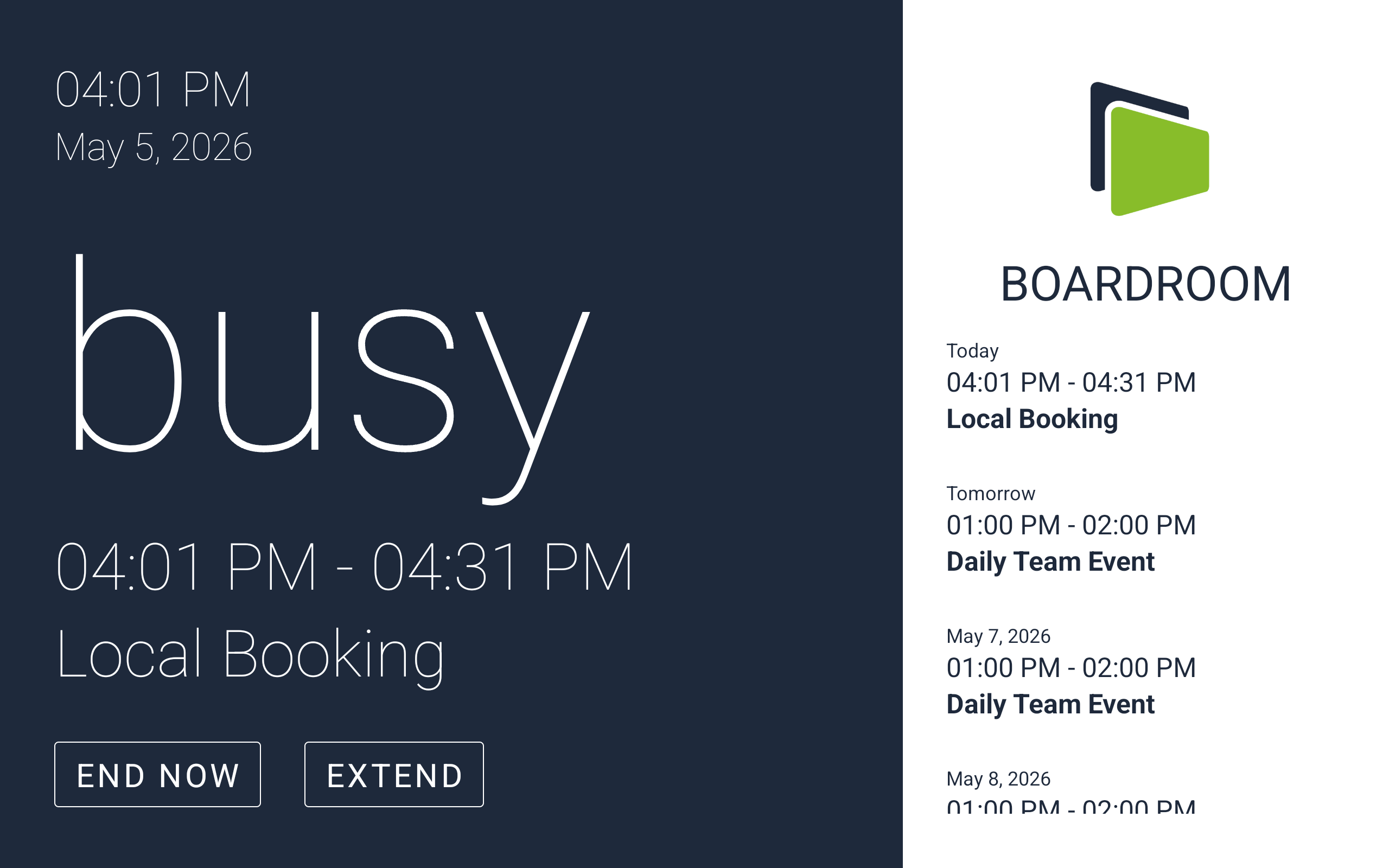 Busy room display showing the current booking time and title with End Now and Extend buttons