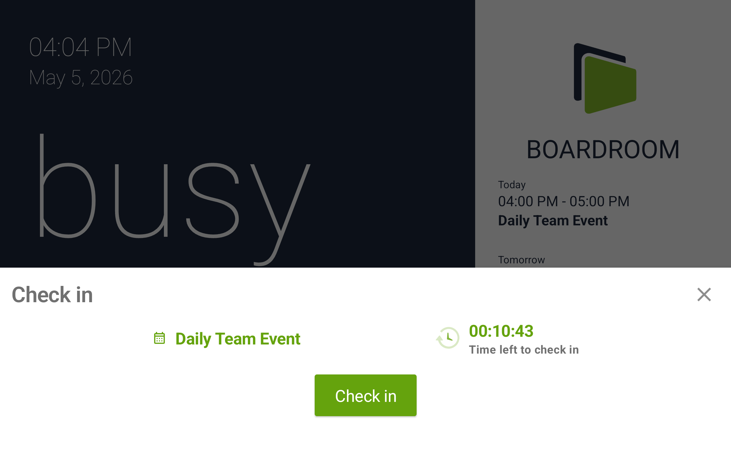 Check in prompt showing the booking title and a countdown timer labelled Time left to check in