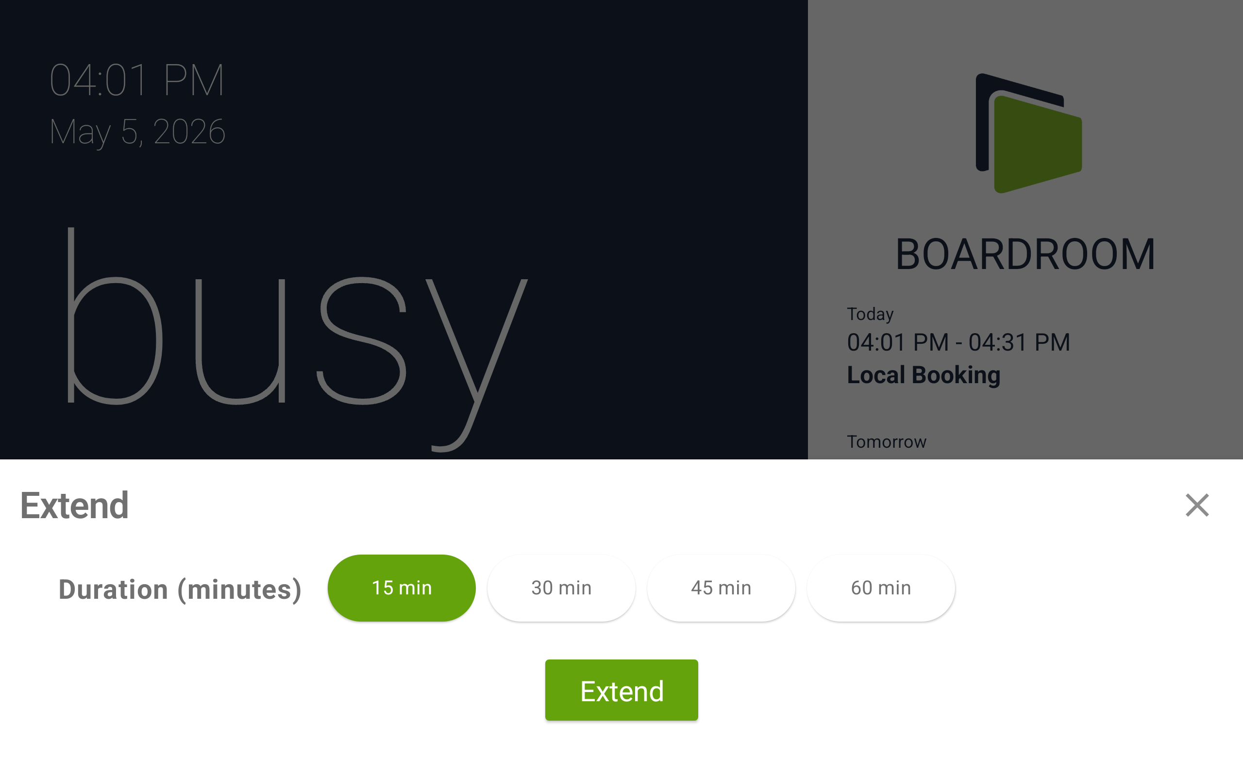 Extend sheet on a busy room with 15, 30, 45, 60 minute duration options and an Extend button