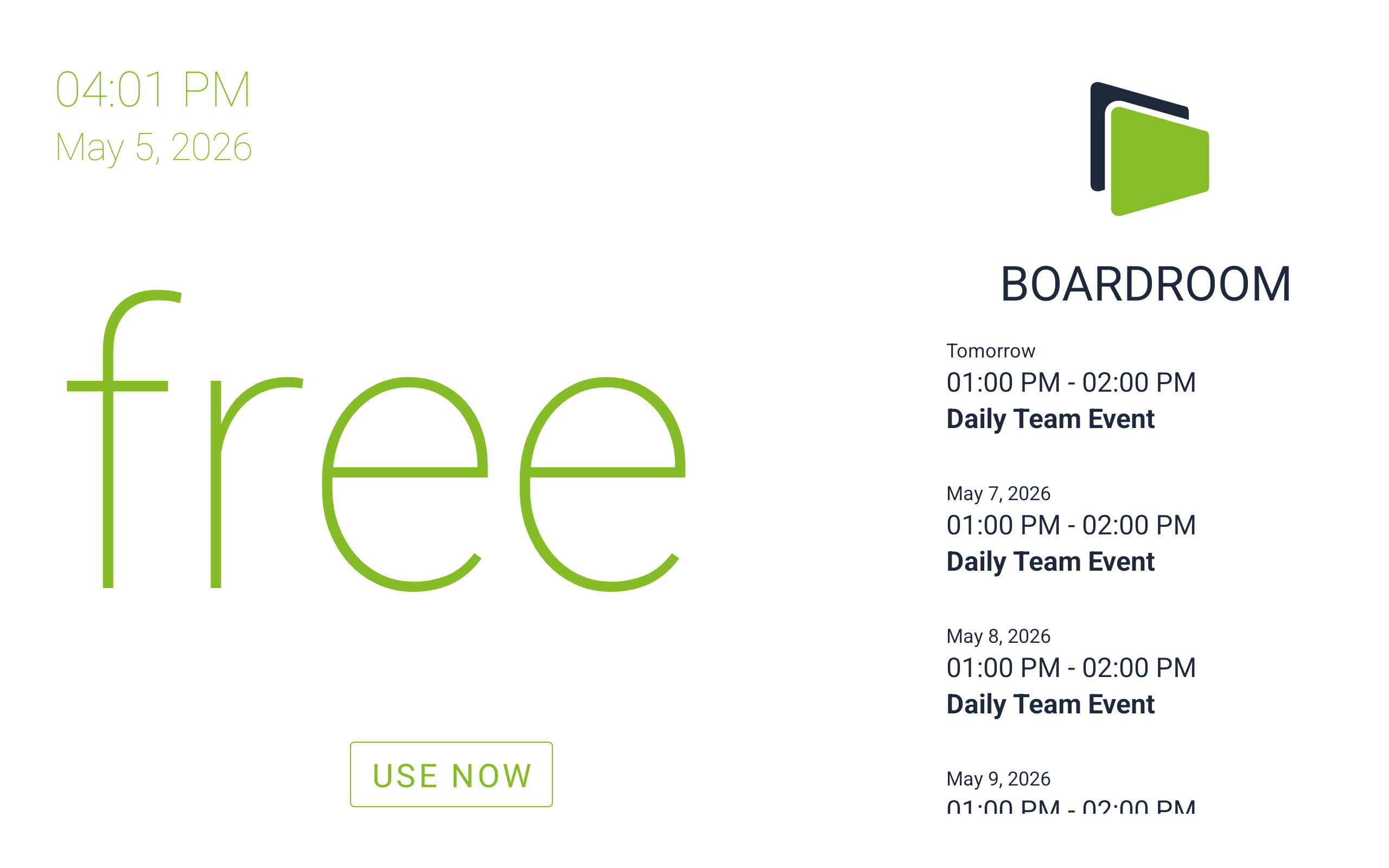 Fishbowl meeting room display showing a free room with the time, room name, a Use Now button, and upcoming bookings on the right
