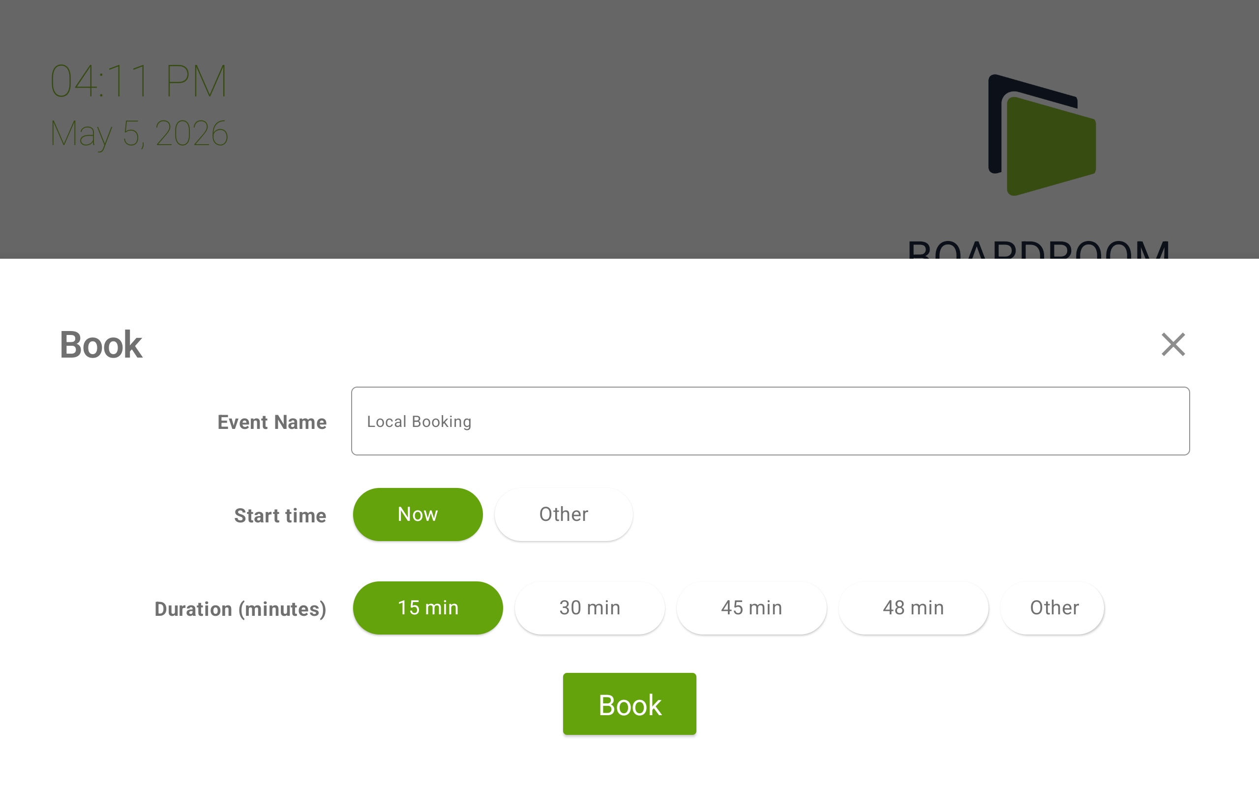 Use Now sheet on a Premium room showing extra Other options for both Start time and Duration