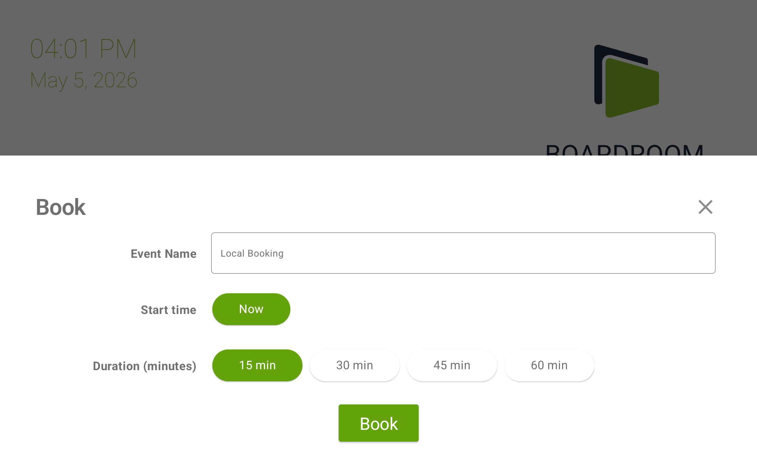Use Now booking sheet with Event Name field, Start time set to Now, and 15, 30, 45, 60 minute duration options