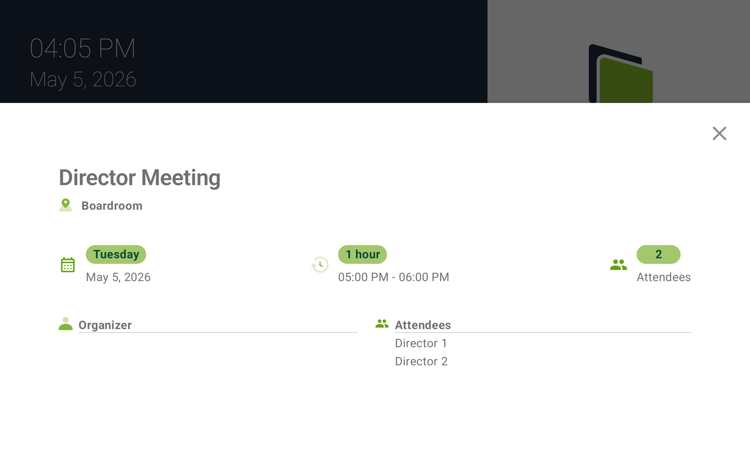 Booking detail panel showing title, room, date, duration, time range, organizer, and attendee list